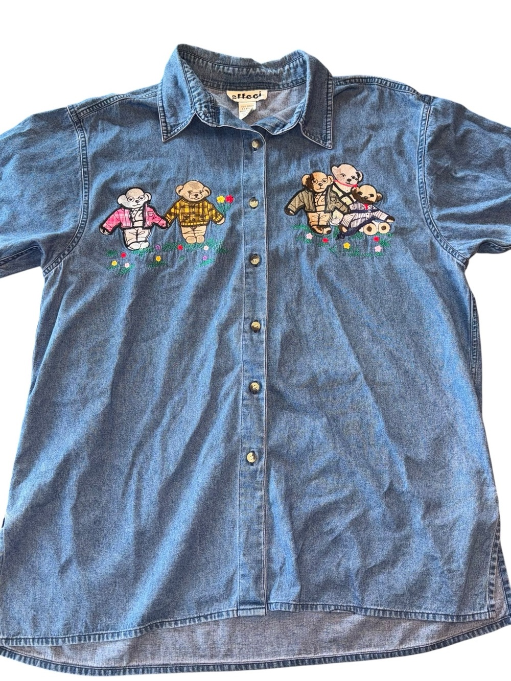 Vintage 90s Effeci Denim Button Up T-Shirt Teddy Bear Embroidery CottageCore XL